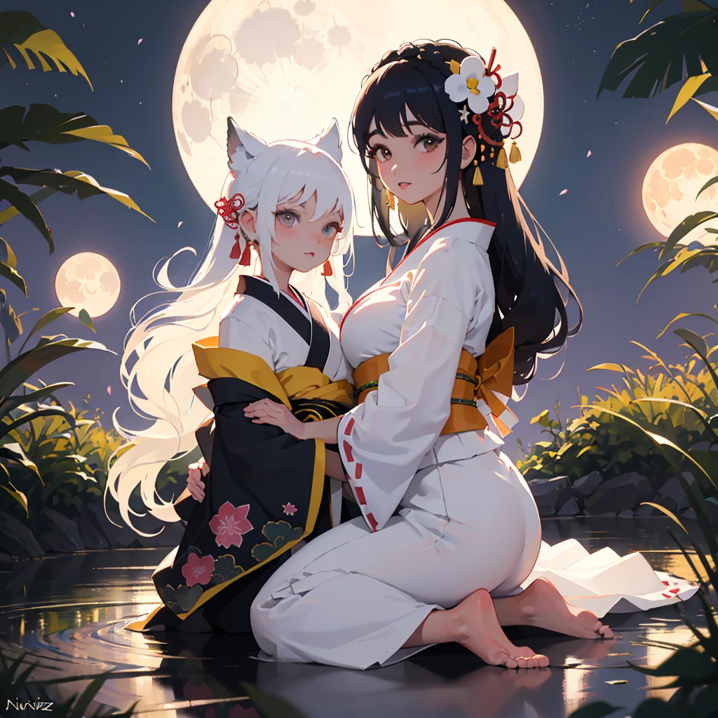 2girls,Fujiwara no Mokou(from Touhou) and Houraisan Kaguya(from Touhou) in bamboo forest. They have huge tits. t, sit, night, moon, kissing, nude
