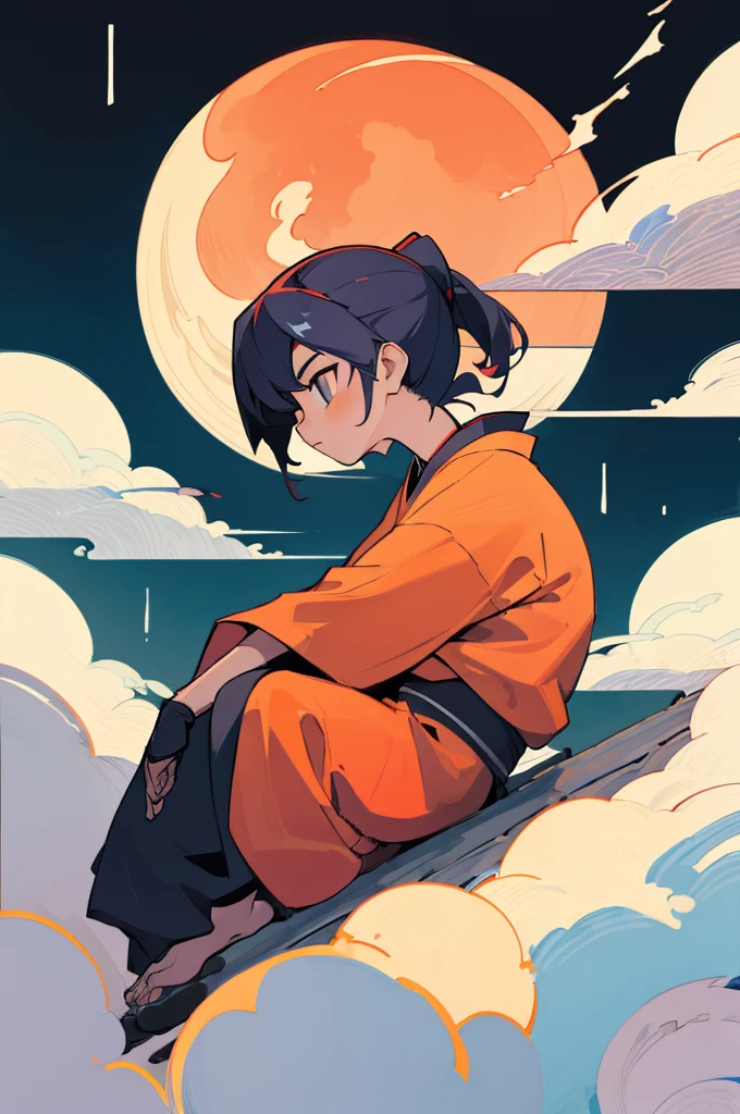 (best quality, masterpiece), 1girl, Japan, Ninja on a Rooftop, Moon, cloud, upper body, sitting