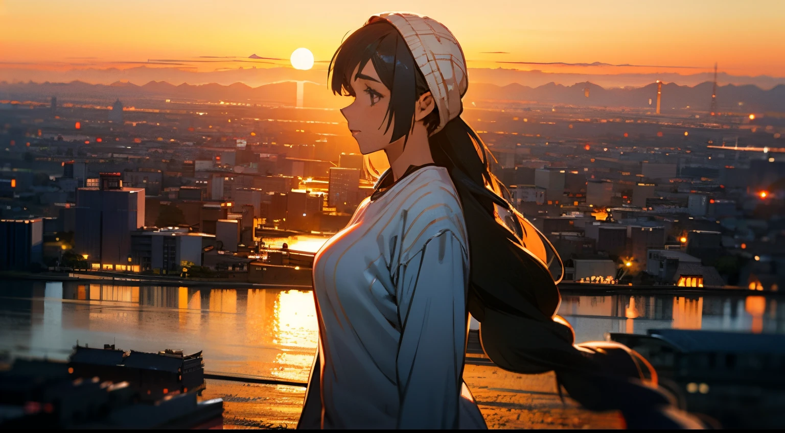 Upper body, Vista, girl with, Long hair, Standing, city, Sunset, Sunset, Sunset