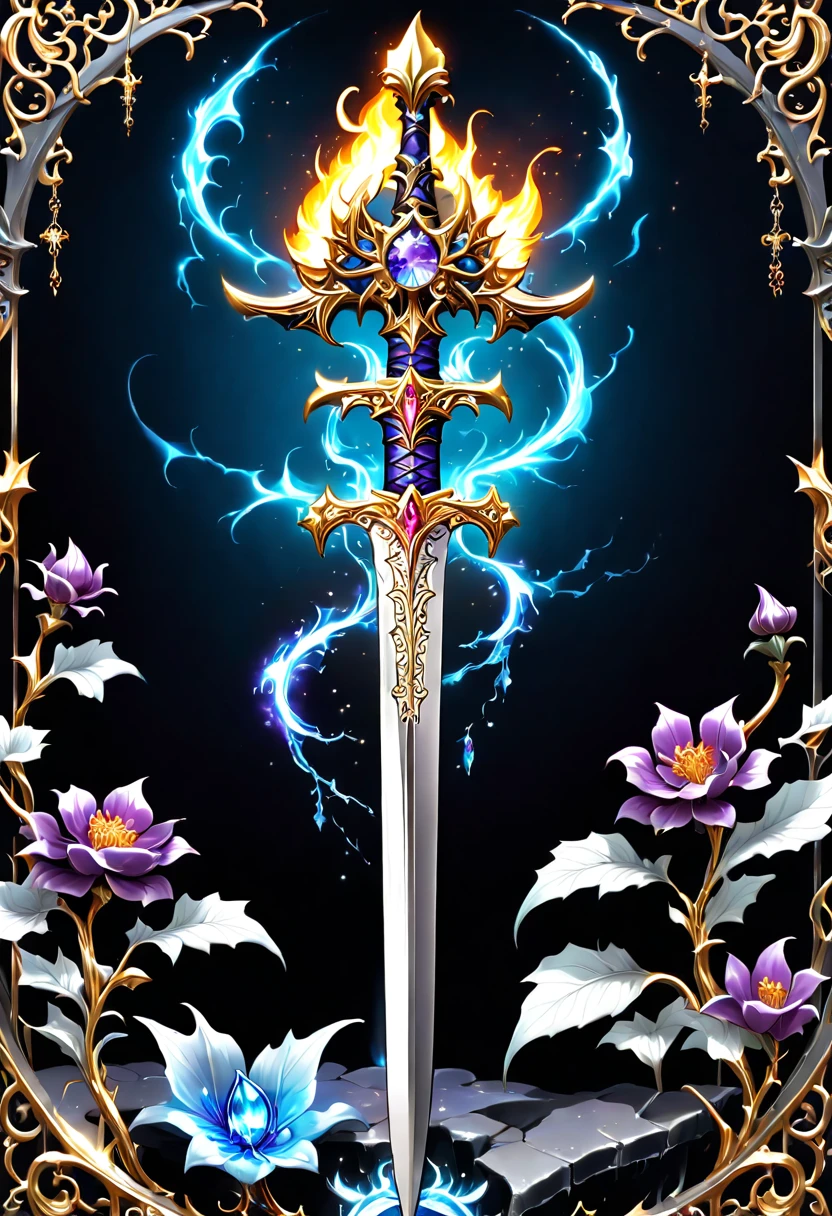(8K, 16k, Award-winning, Best quality, Highest resolution, super detailing, high detal, Anatomically correct, tmasterpiece, hori&#39;hori&#39;hori&#39;tas&#39;It's breathtakingly beautiful), Alloy iron flower，Alloy vines surround the magic sword,There is an iron flower on the top of the sword，Alloy carving exudes metallic luster，Sword made of crystal and white gold，Alloy rattan winding，Exquisite alloy stranded wire technology , Sword and Iron Flower,Rare and precious, Complicated details,Golden flame,Purple magic,blue lightning,Magical ice world background，(gothic art style:1.5)，Magic Sword and Iron Flower，Magic iron flower made of colorful metal，Exuding endless magical charm and brilliance