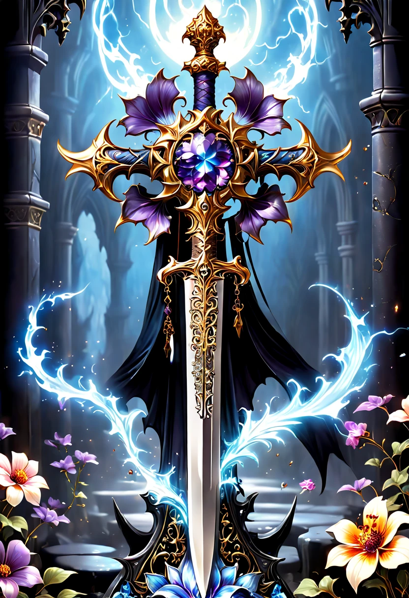 (8K, 16k, Award-winning, Best quality, Highest resolution, super detailing, high detal, Anatomically correct, tmasterpiece, hori'hori'hori'tas'It's breathtakingly beautiful), Alloy iron flower,Alloy vines surround the magic sword,There is an iron flower on the top of the sword,Alloy carving exudes metallic luster,Sword made of crystal and white gold,Alloy rattan winding,Exquisite alloy stranded wire technology , Sword and Iron Flower,Rare and precious, Complicated details,Golden flame,Purple magic,blue lightning,Magical ice world background,(gothic art style:1.5),Magic Sword and Iron Flower,Magic iron flower made of colorful metal,Exuding endless magical charm and brilliance