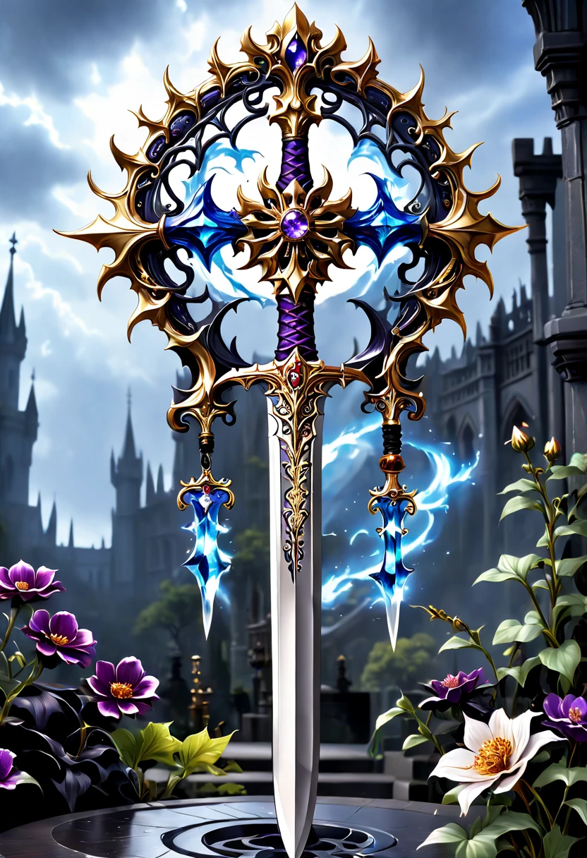 (8K, 16k, Award-winning, Best quality, Highest resolution, super detailing, high detal, Anatomically correct, tmasterpiece, hori'hori'hori'tas'It's breathtakingly beautiful), Alloy iron flower,Alloy vines surround the magic sword,There is an iron flower on the top of the sword,Alloy carving exudes metallic luster,Sword made of crystal and white gold,Alloy rattan winding,Exquisite alloy stranded wire technology , Sword and Iron Flower,Rare and precious, Complicated details,Golden flame,Purple magic,blue lightning,Magical ice world background,(gothic art style:1.5),Magic Sword and Iron Flower,Magic iron flower made of colorful metal,Exuding endless magical charm and brilliance