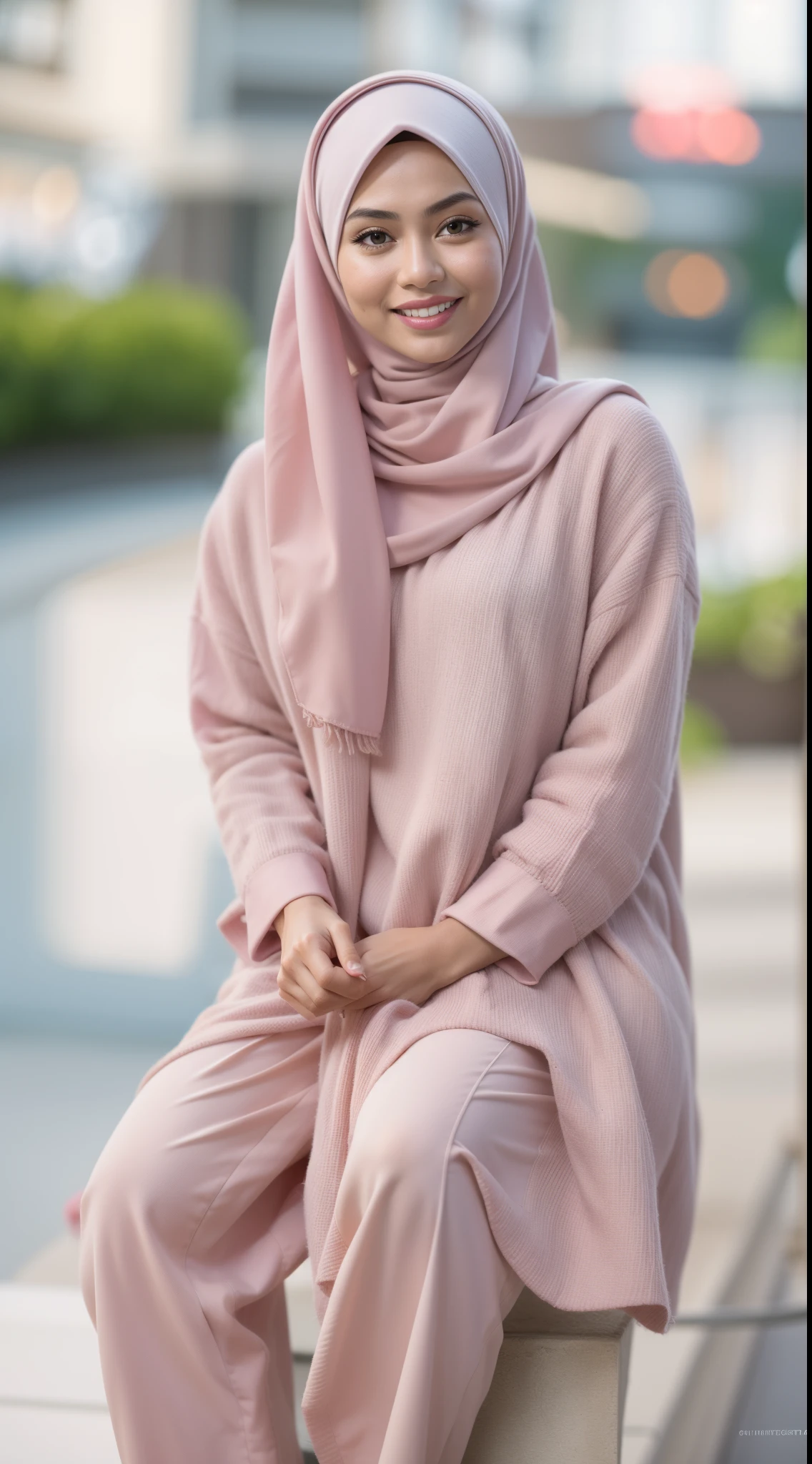 Malay girl in hijab wear big oversized loose blouse and high waist loose cotton pants, pastel color, seating, wear back pack, front view, detail skin, detail skin texture, mole below eyes, small breast, big hip, big waist, big thigh, slim abs, beautiful body, evening, laughing, happy, bright lighting, blur background, bokeh,Super 8mm lense, Extreme close-up, deep focus cinematography effect, Natural Lighting, pastel color grading, high quality, ultra detail, 8k resolution