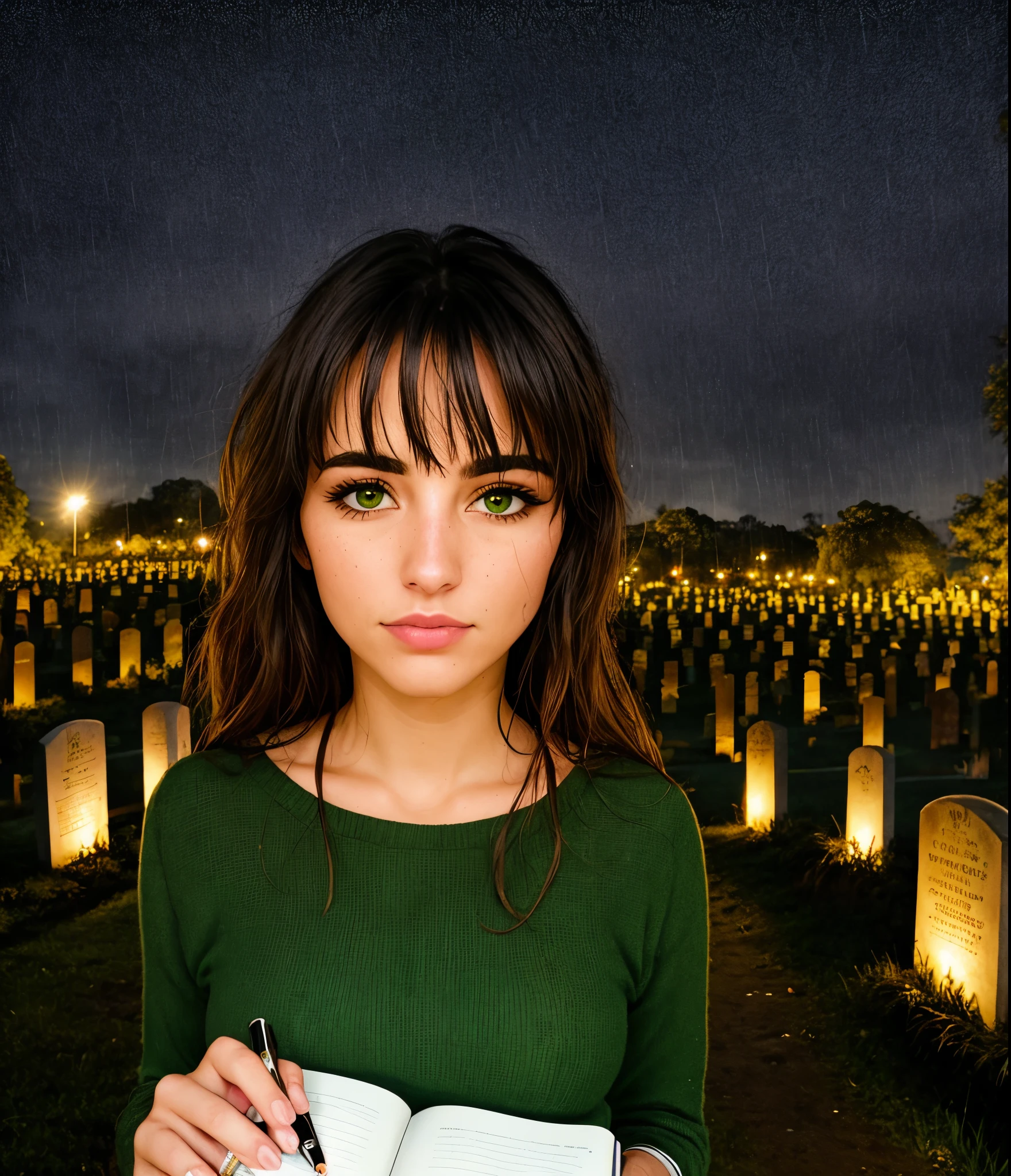 A beautiful girl with 1 rose in her red hair wearing a black hat and 1 cigarette in her mouth in a cemetery