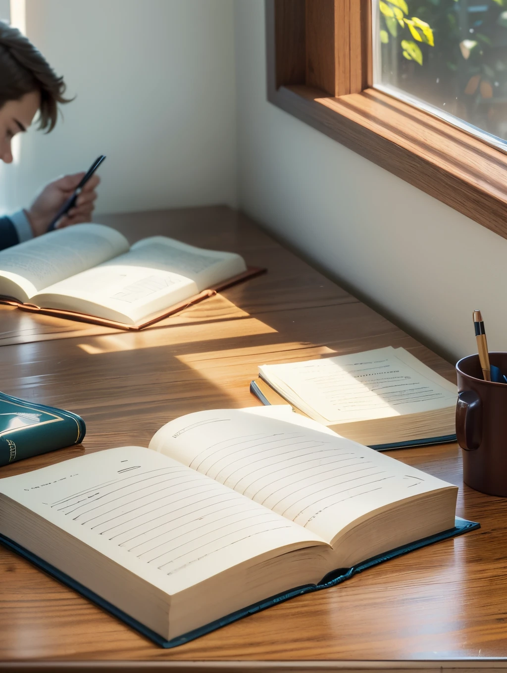 In a quiet room, a diligent student sits at a sturdy wooden table, engrossed in their studies. The table's surface is smooth, bearing the marks of time and use, while the soft ambient light from a nearby window gently illuminates the scene. The student is focused, surrounded by textbooks, notebooks, and stationery neatly arranged. --auto --s2