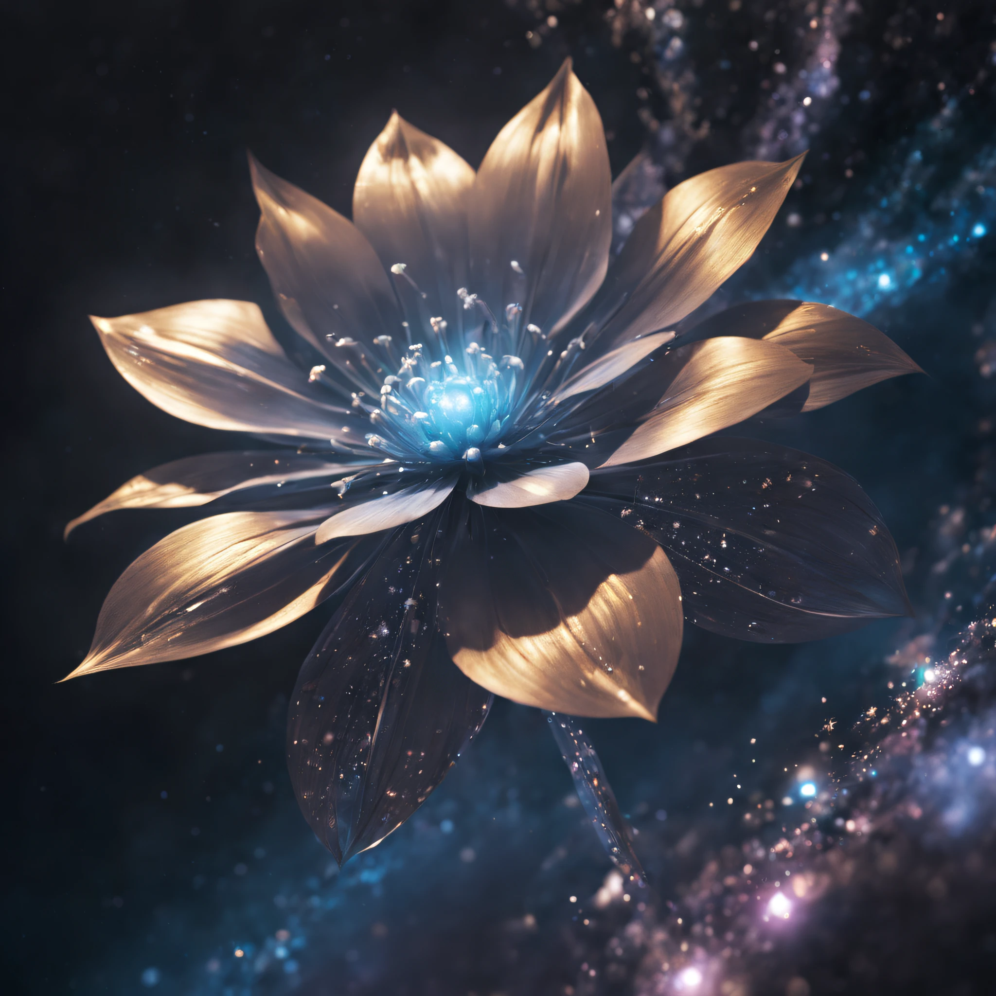 A close-up photo of a metal material flower，Doubleexposure，Floating in outer space，Starcloud，galaxias，（abstracted，dream magical：hyper realisitc：1.2）scenecy，universe background，with light glowing，Vivid colors，Sublime beauty，Ethereal atmosphere，Metal Textures，Shiny surface，reflection of starlight，glittering metal petals，Delicate and intricate floral details，interplay of light and shadow，An interesting contrast to the darkness and vastness of the space，Surreal and mesmerizing composition，A strange and fascinating combination of nature and technology，Charming and mysterious atmosphere，Tranquility and peaceful atmosphere。（best qualtiy，4k，8k，tmasterpiece：1.2），super-fine，（realisticlying，photoreali，photoreali：1.37），