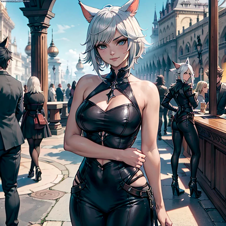 1fille, Miqo&#39;te Final Fantasy 14, porte un jean noir, un haut noir, arms crossed, cheveux noirs , Yeux verts, Queue, teint noir, dans un casino, queue de chat; portrait, visage souriant, marque tribale, outdoor scene,