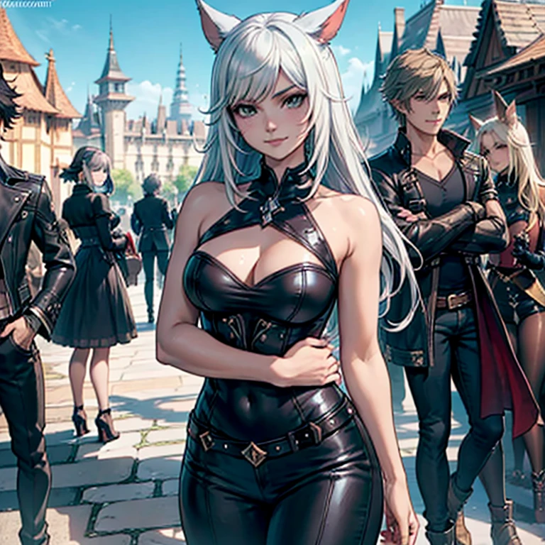 1fille, Miqo&#39;te Final Fantasy 14, porte un jean noir, un haut noir, arms crossed, cheveux noirs , Yeux verts, Queue, teint noir, dans un casino, queue de chat; portrait, visage souriant, marque tribale, outdoor scene,