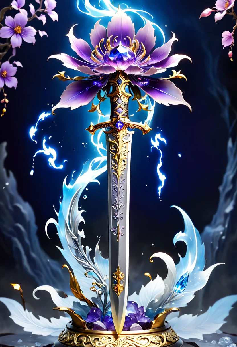 (8K, 16k, Award-winning, Best quality at best, Highest high resolution, super detailing, high detal, Anatomically correct, tmasterpiece, hori&#39;hori&#39;hori&#39;hori&#39;It&#39;s breathtakingly beautiful), Alloy iron flower，Alloy vines surround the magic sword,There is an iron flower on the top of the sword，Alloy carving exudes metallic luster，Sword made of crystal and white gold，Alloy rattan winding，Exquisite alloy stranded wire technology , Sword and Iron Flower,Rare and precious, Complicated details,Golden flame,Purple magic,blue lightning,Magical ice and snow world background，Magic Sword Iron Flower，Magic iron flower made of colorful metal，Exuding endless magical charm and brilliance