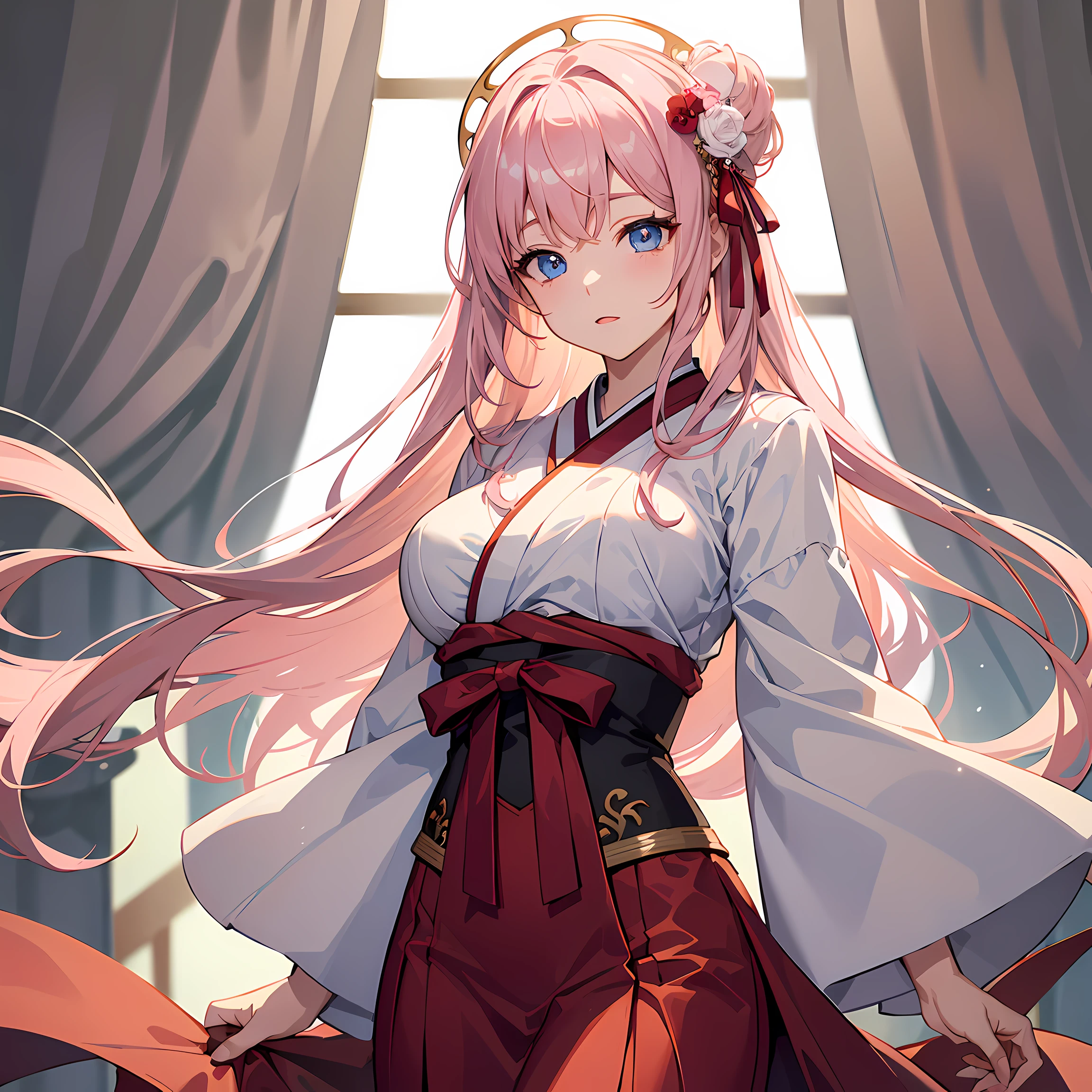 (Delicate and beautiful eyes and delicate face,Masterpiece side light,tmasterpiece,Best quality at best,Detailed pubic hair,high-resolution illustrations),, (1个Giant Breast Girl,full bodyesbian,a beauty girl,Glow skin,looking-down,looking at viewert),, (with pink hair,eBlue eyes,ribbons,Hanbok, Korean clothes), (Dressed_Lower bust:1.2),underbust,
