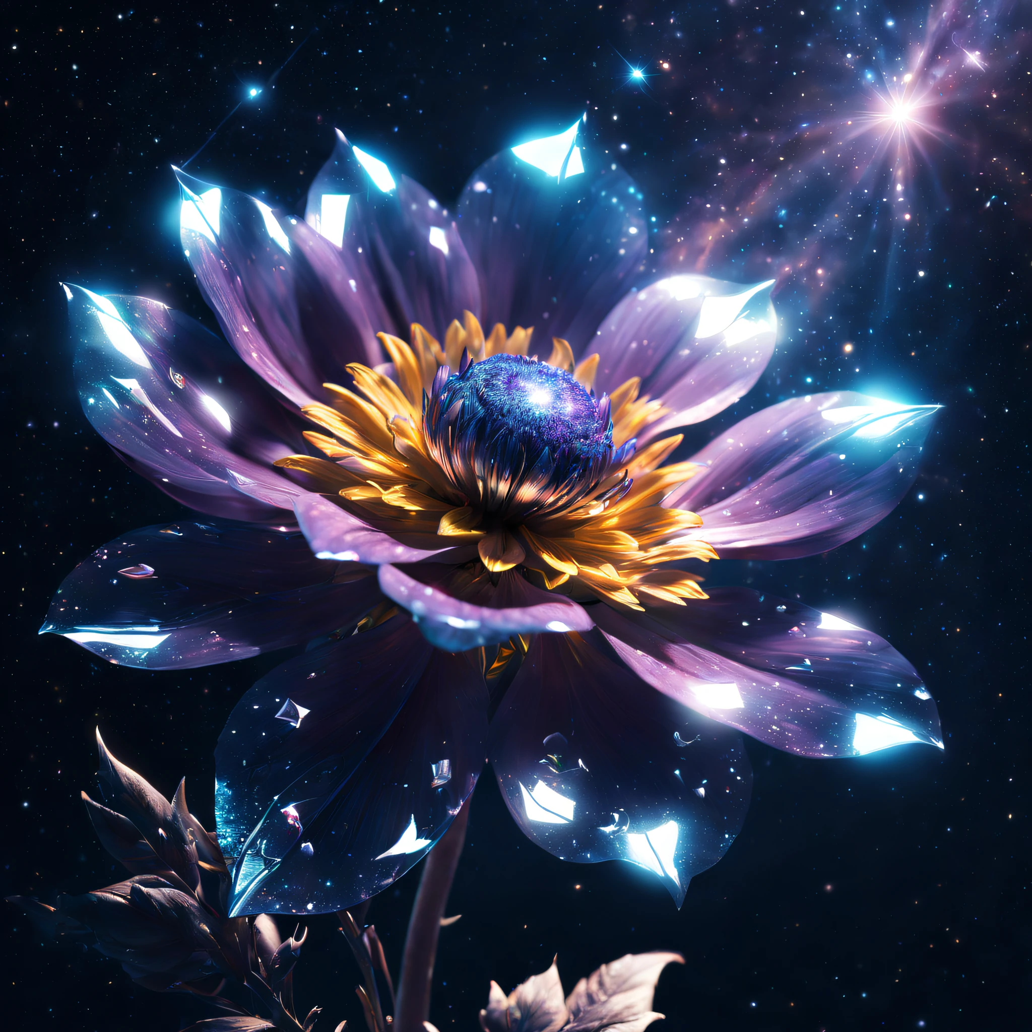 (best quality,4k,8k,highres,masterpiece:1.2),ultra-detailed,(realistic,photorealistic,photo-realistic:1.37),A vibrant metal flower close-up photograph,double exposure,floating in outer space,nebula,galaxies,(abstract,dreamlike:surreal:1.2) scenery,cosmic setting,glowing lights,vivid colors,sublime beauty,ethereal atmosphere,metallic textures,shiny surfaces,reflection of starlight,sparkling metallic petals,delicate and intricate flower details,interplay of light and shadows,intriguing contrast with the dark and vast space,surreal and mesmerizing composition,strange and captivating combination of nature and technology,intriguing aura of mystery,serene and peaceful ambiance.