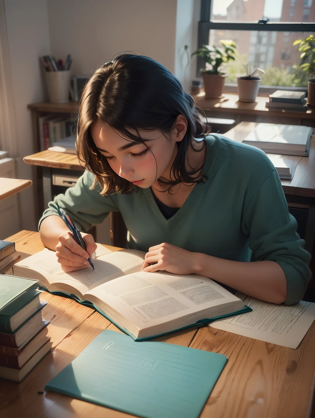 In a quiet room, a diligent student sits at a sturdy wooden table, engrossed in their studies. The table's surface is smooth, bearing the marks of time and use, while the soft ambient light from a nearby window gently illuminates the scene. The student is focused, surrounded by textbooks, notebooks, and stationery neatly arranged. --auto --s2