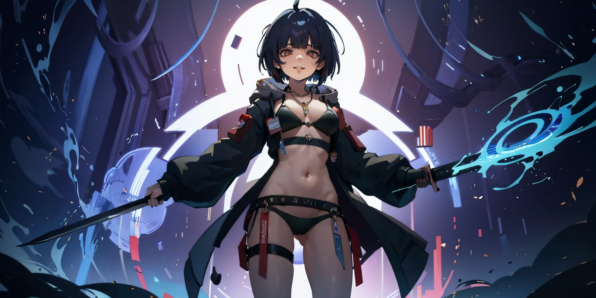 anatomically correct, best quality, masterpiece, high quality, high details, highres, HD, (shaded face:1.2), hollow eyes, blue eyes, looking at viewer, heavy breathing, smirk, uppert teeth, black hair, short hair, necklace, cropped hoodie, black bikini, long sleeves, navel, a woman with a sword standing in a cave, pixiv contest winner, fantasy art, black - haired mage, splash art anime, 4 k anime