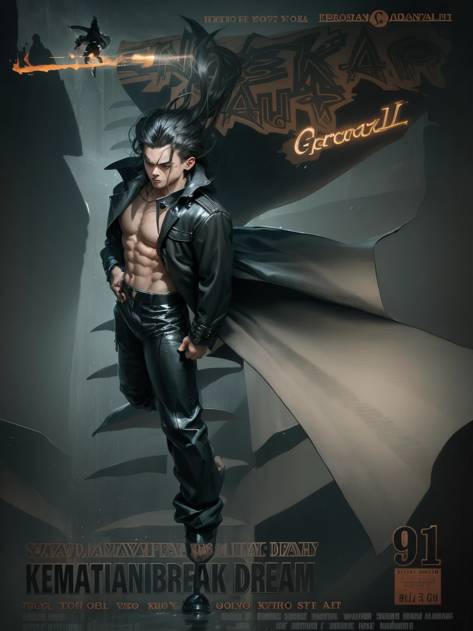 Midget man, 1 boy, muscular, long hair, long trench coat, black pants, Levitate in air, ocean, storm weather