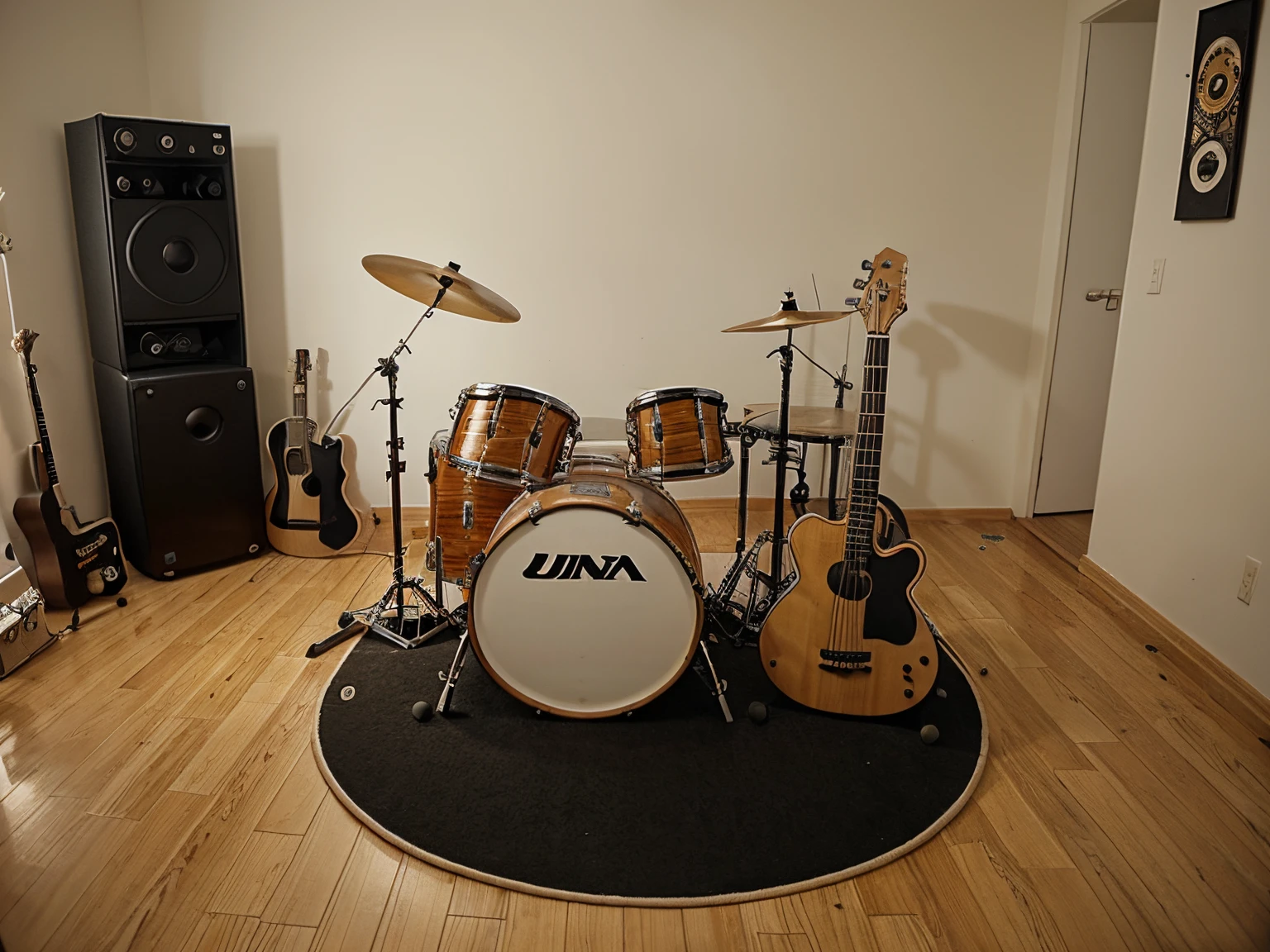 INTERIOR DE UMA SALA, Uma Guitarra;  Uma Guitarra, an electronic drum, a bass and a soccer ball on the floor