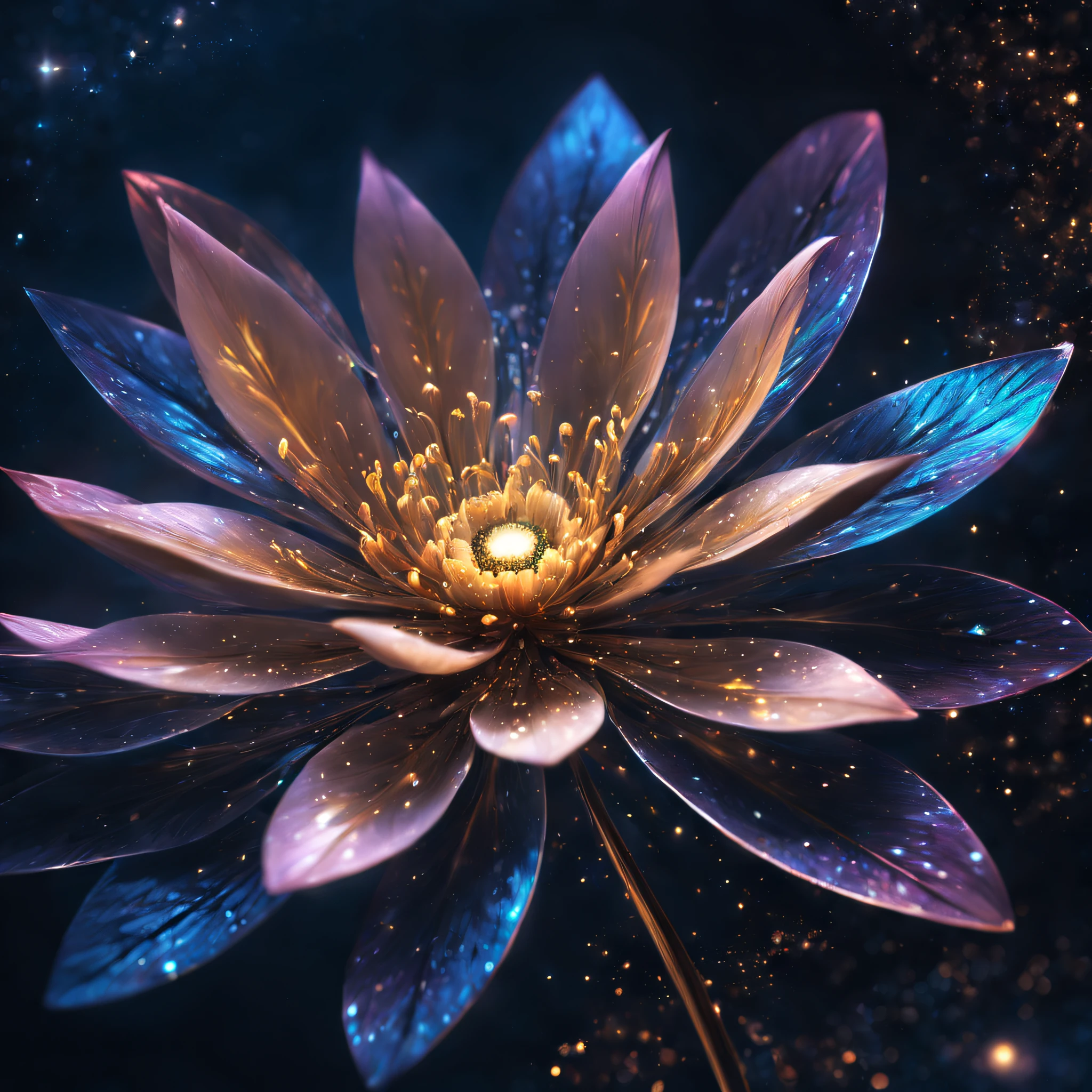 A vibrant metal flower close-up photo，Doubleexposure，Floating in outer space，Starcloud，galaxias，（abstracted，dream magical：hyper realisitc：1.2）scenecy，universe background，with light glowing，Vivid colors，Sublime beauty，Ethereal atmosphere，Metal Textures，Shiny surface，reflection of starlight，glittering metal petals，Delicate and intricate floral details，interplay of light and shadow，An interesting contrast to the darkness and vastness of the space，Surreal and mesmerizing composition，A strange and fascinating combination of nature and technology，Charming and mysterious atmosphere，Tranquility and peaceful atmosphere。（best qualtiy，4k，8k，tmasterpiece：1.2），super-fine，（realisticlying，photoreali，photoreali：1.37），