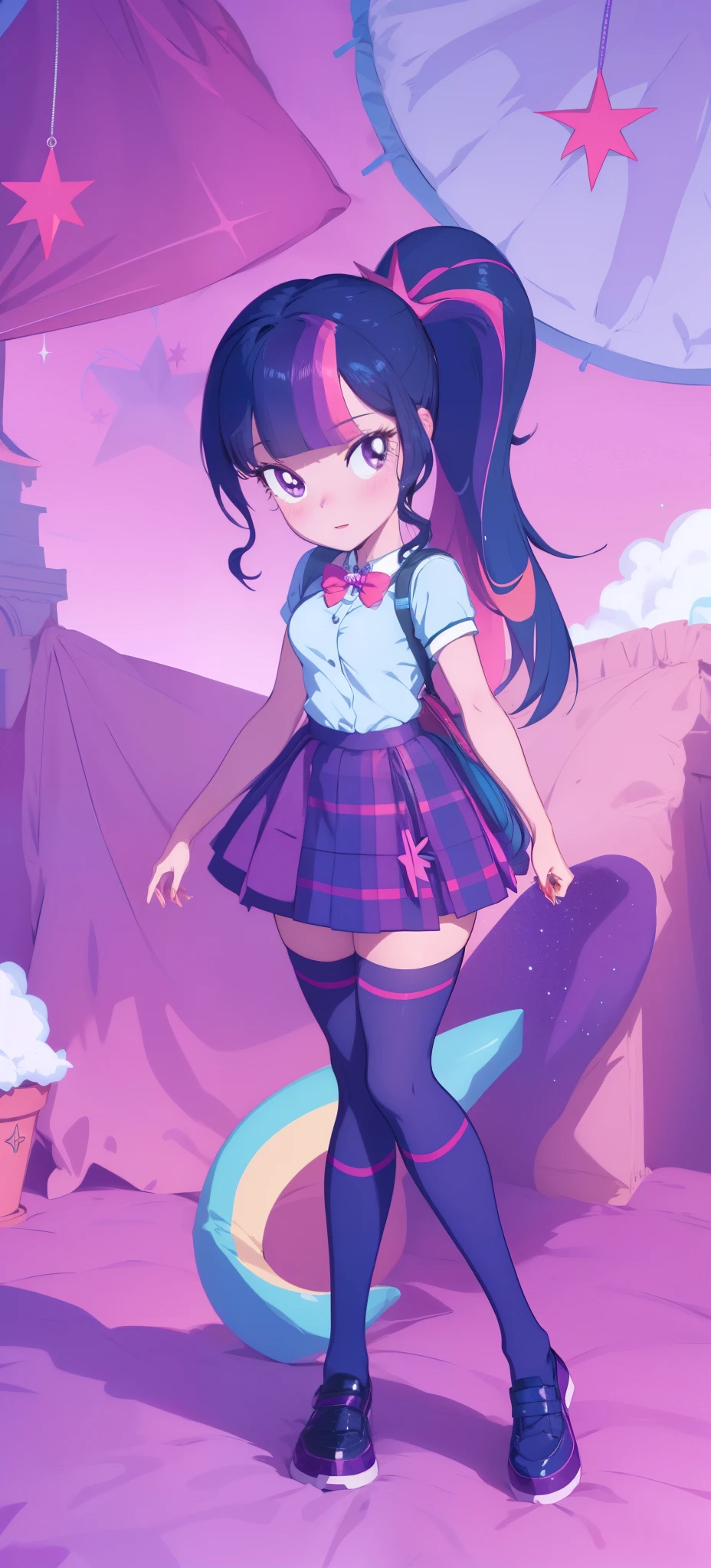 three cartoon characters are dressed in costumes and holding hands, magic school uniform, twilight sparkle, cool twilight, magical school student uniform, dark cool twilight, equestria, amy sol in the style of, magic uniform, twilight ray, in a glowing skirt, aura of magic around her, star sparkle, aesthetic cute with flutter, glomy, mlp