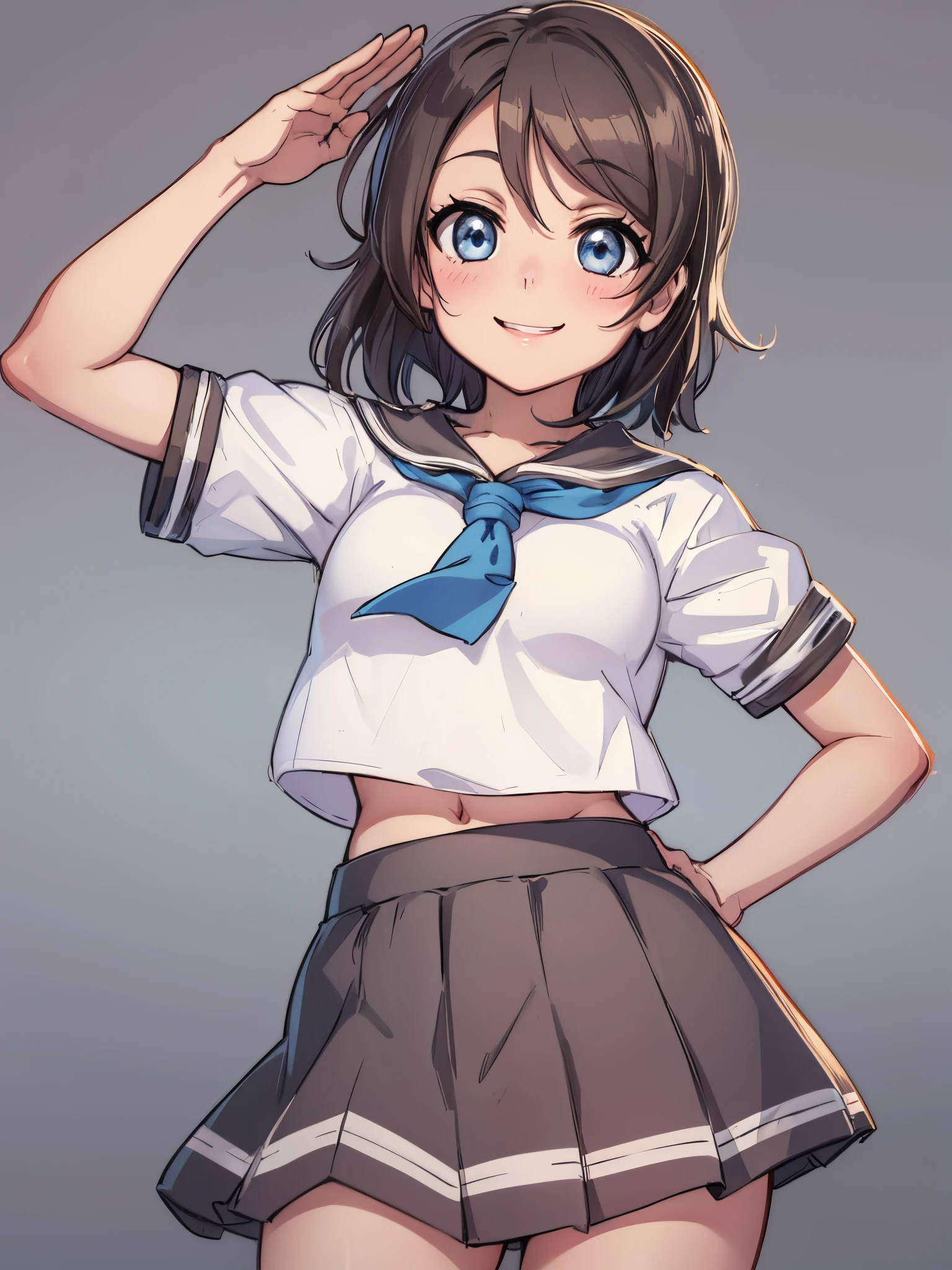 Watanabe you, sailor top, school skirt, midriff,  slightly excited and smile, thighs, cowboy shot