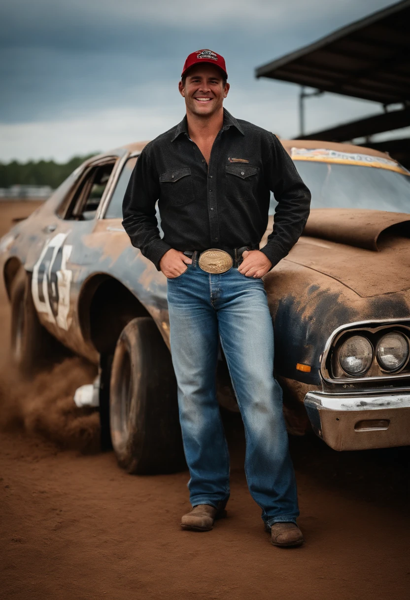 A photo of Cody at the local dirt track, covered in dirt and grinning from ear to ear as he stands in front of his beaten-up race car.,original,Cody “Thunder” Johnson, a fictional NASCAR legend, hails from the heart of Alabama, embodying the spirit of a true Southern country boy. He sports a rugged, unpolished look, often seen with a baseball cap, a casual flannel shirt, and jeans, his demeanor as relaxed and easy-going as his attire.