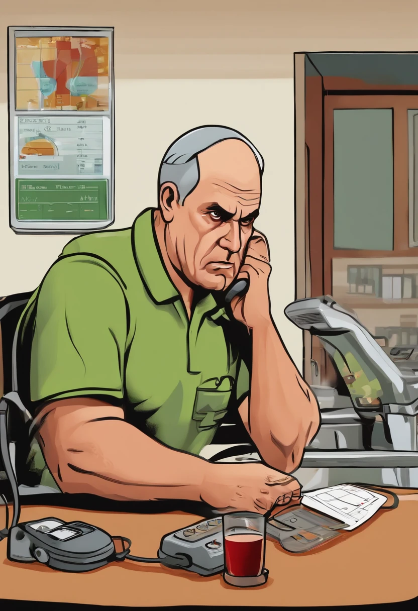 An image of the character angrily checking his cholesterol and blood pressure readings.,original,50 year old while male that is a football coach and is visibly upset