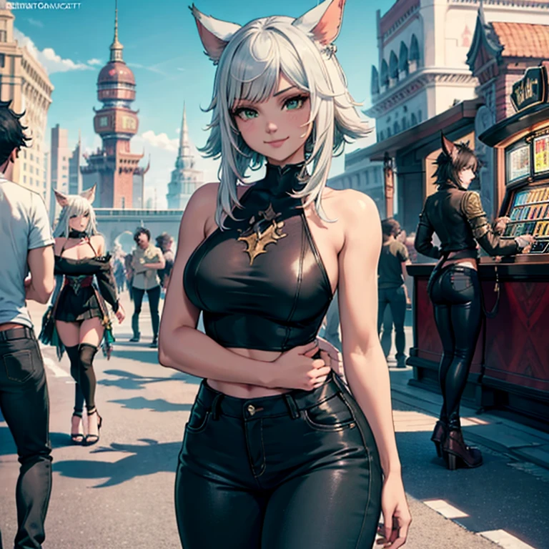 1 girl, Miqo'te Final Fantasy 14, wears black jeans, black top, Arms crossed, Blacack Hair, Green eyes, Tail, black complexion, in a casino, cat's tail;  portrait, smiling face, tribal mark, exterior scene,