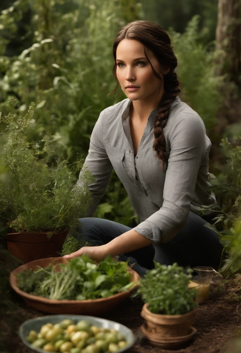 A photo of Katniss carefully tending to a small, hidden garden of herbs and vegetables.,The Hunger Games Trilogy,Katniss Everdeen, the protagonist of “The Hunger Games,” is characterized by her athletic build, olive skin, dark hair often styled in a practical braid, and striking grey eyes, reflecting her resilience and resourcefulness. Her appearance is marked by a blend of toughness and understated beauty, often wearing simple, functional clothing that suits her pragmatic and independent nature.