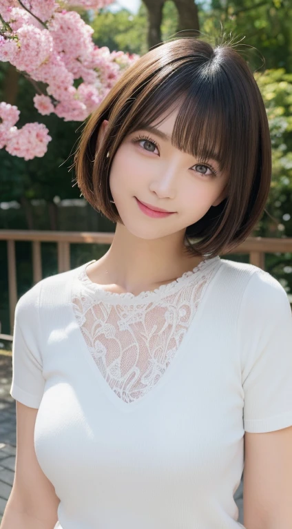 masutepiece, Best Quality, Illustration, Ultra-detailed, finely detail, hight resolution, 8K Wallpaper, Perfect dynamic composition, Beautiful detailed eyes, Women's Fashion Autumn,Short bob hair,Small breasts natural color lip, Bold sexy poses,Smile,Harajuku、20 years girl、Cute、Subject looking at sexy pose on camera、white clothes