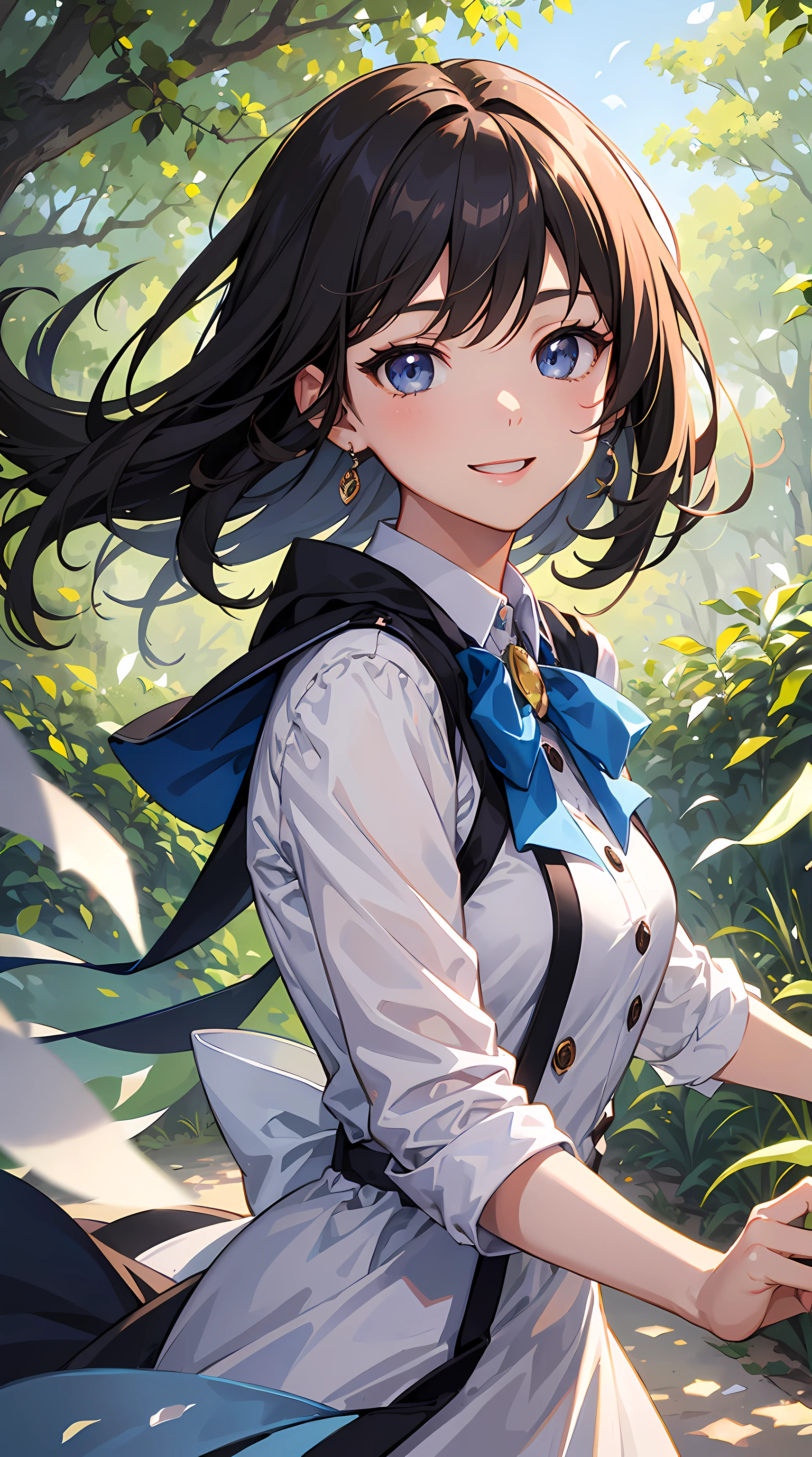 (tmasterpiece), (Best quality at best), (super detailing), (ldisheveled hair), (illustratio), (1 girl), (Interview), (Brief Background), 美丽细致的眼睛, exquisite and beautiful face, floating, (high saturated), (shine), Focus on the face, brunette color hair, By bangs, Smiling, Fluttering. girl, A teenage girl in love, pixiv illustrations, top-quality, ultra-detailliert, ssmile, ingenious, pretty face, 4K, naturey, sunlight filtering through the trees,