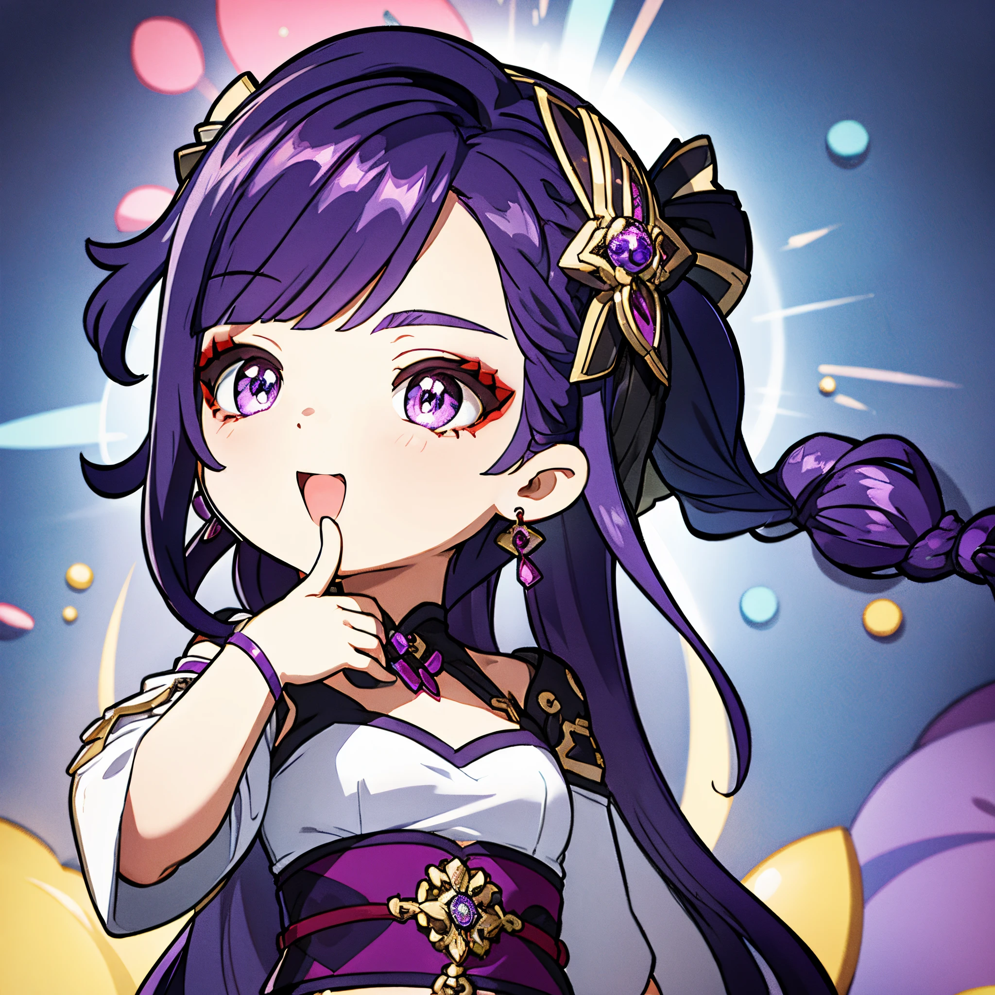 Emoji, Chibi, (upper body), big head, laugh, purple hair, hair ornament, red eye shadow, purple eyes, white background