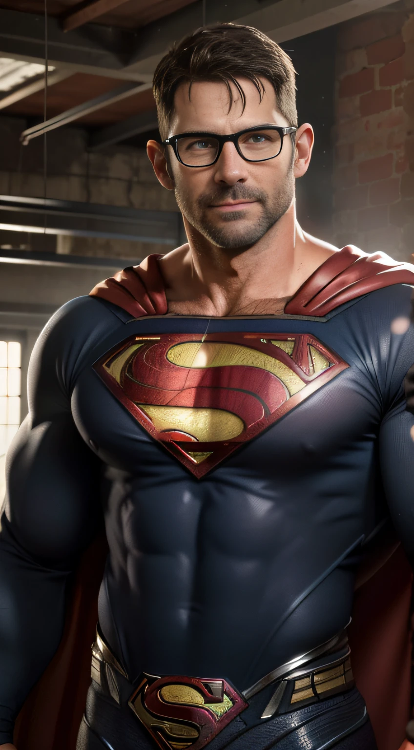 An award-winning original photo,A wild muscular man, (40 years old daddy:1.3), 1boy, Solo, (wearing a superman cosplay costume), (rep cape), black hair, (big shoulders), musculature, stubbles, Short beard, Beautiful eyes:1.3, ), (Detailed face:1.3), wearing glasses, smiles, Dynamic Angle, volumetric lighting, (Best quality, A high resolution, Photorealistic), Cinematic lighting, Masterpiece, RAW photo, Intricate details, hdr, depth of field, upper body