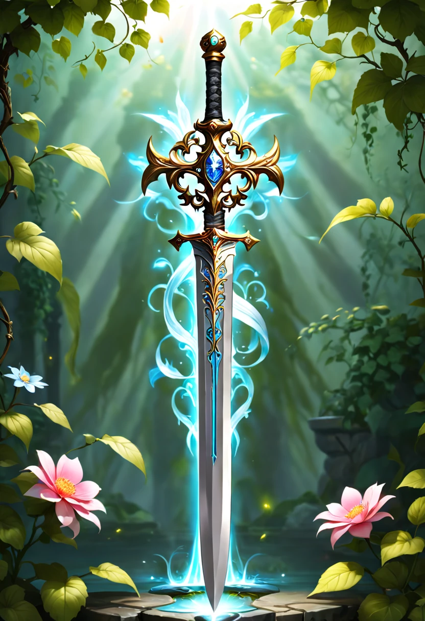 Alloy iron flower，Alloy vines surround the magic sword,The sword has an iron flower，