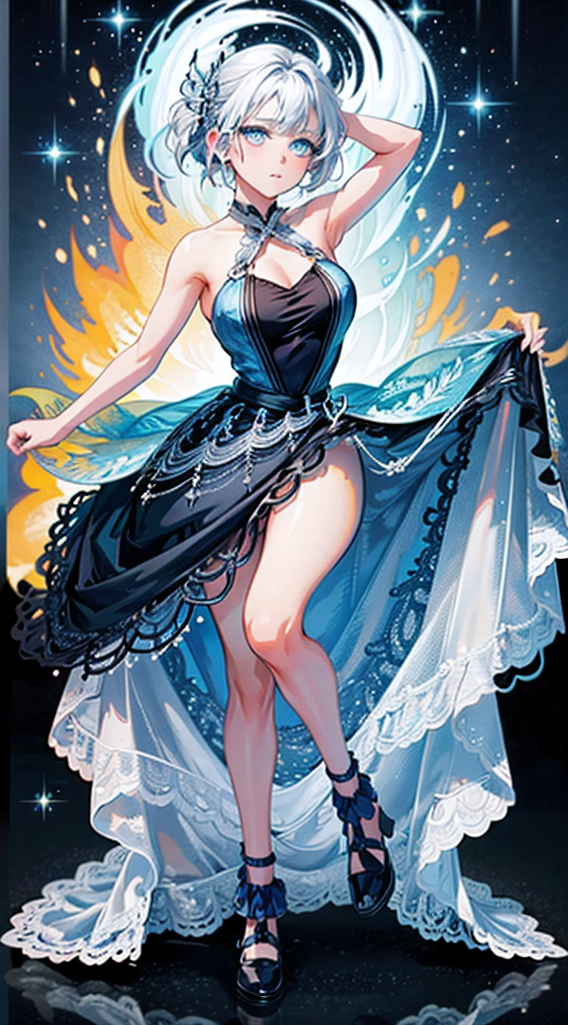One girl with short blue hair and striking blue eyes (masterpiece) stands confidently in the scene. Her eyes are expressive, capturing your attention with their depth and intensity. Her face is flawless, exhibiting perfect features that radiate beauty. She possesses a curvy body, and she stands tall, exuding confidence and grace. Her hair falls elegantly around her shoulders, framing her face and adding to her overall allure. The composition highlights her full body, emphasizing her natural beauty. The girl is depicted in a standing position, showcasing her elegant posture and graceful movements. Her figure is portrayed without clothing, accentuating her vulnerability and embracing her natural self. The overall image quality is of the highest level, with ultra-fine details, vivid colors, and realistic shading (best quality, 4k, 8k, highres, masterpiece:1.2). The prominence of her expressive eyes and perfect face create a captivating and beautiful artwork, deserving of admiration and appreciation.