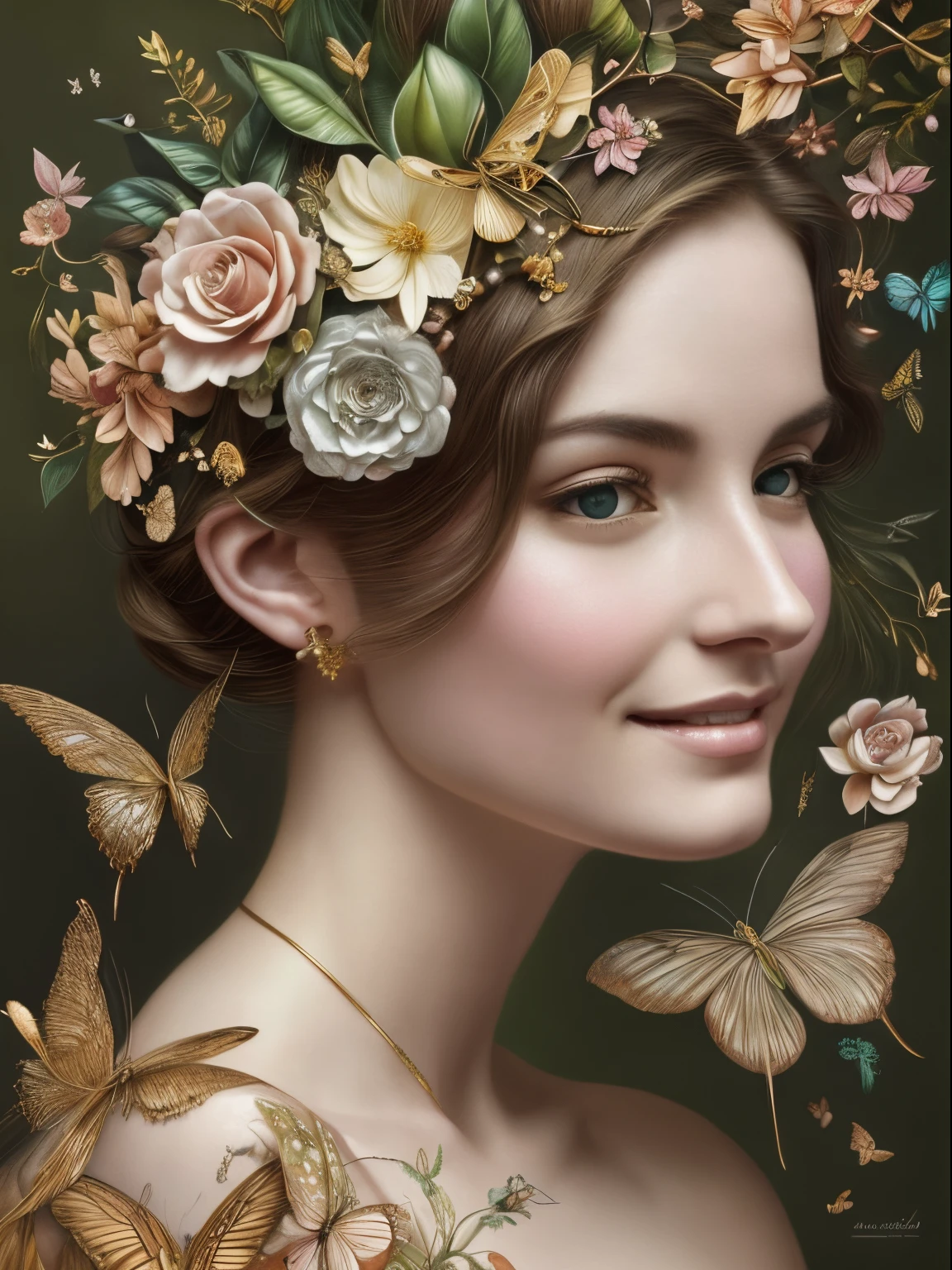 A botanical masterpiece in the style of Marco Mazzoni, detailed, hyper-realistic, elemets of symbolism and surrealism, intricate design, exotic and insanely beautiful woman, flowers, birds, diamonds, butterflies, pastel, golden details, looking at the viewer, looking straight to the camera, mysteriously smiling, ethereal