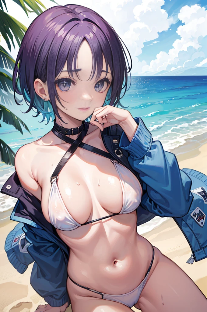 <put out the tongue>(((Toru Asakura, cabelos azuis, Brincos, gradient hair, cabelos multicoloridos, franja separada, cabelo roxo,short hair))), ((1girl em)),corpo y,((perfect hands,anatomia perfeita))),(masutepiece:1.1), (best quality:1.1), ((belos olhos detalhados: 1.6)),olhos menores,((rosto muito detalhado,rosto perfeito)), Apertando os olhos、mediuml bredness、sorriso leve、separated-lips、brilhar、bifurcation、ombro, 鎖骨, Cintura generosa, (raio de sol, sunlight, vento, Praia, litoral), clivagem, rosto detalhado, belos olhos detalhados), NSFW、Trabalhe um suor、Wet,white bikini swimsuit,(pele gloriosa),NSFW,cabelos brilhantes,