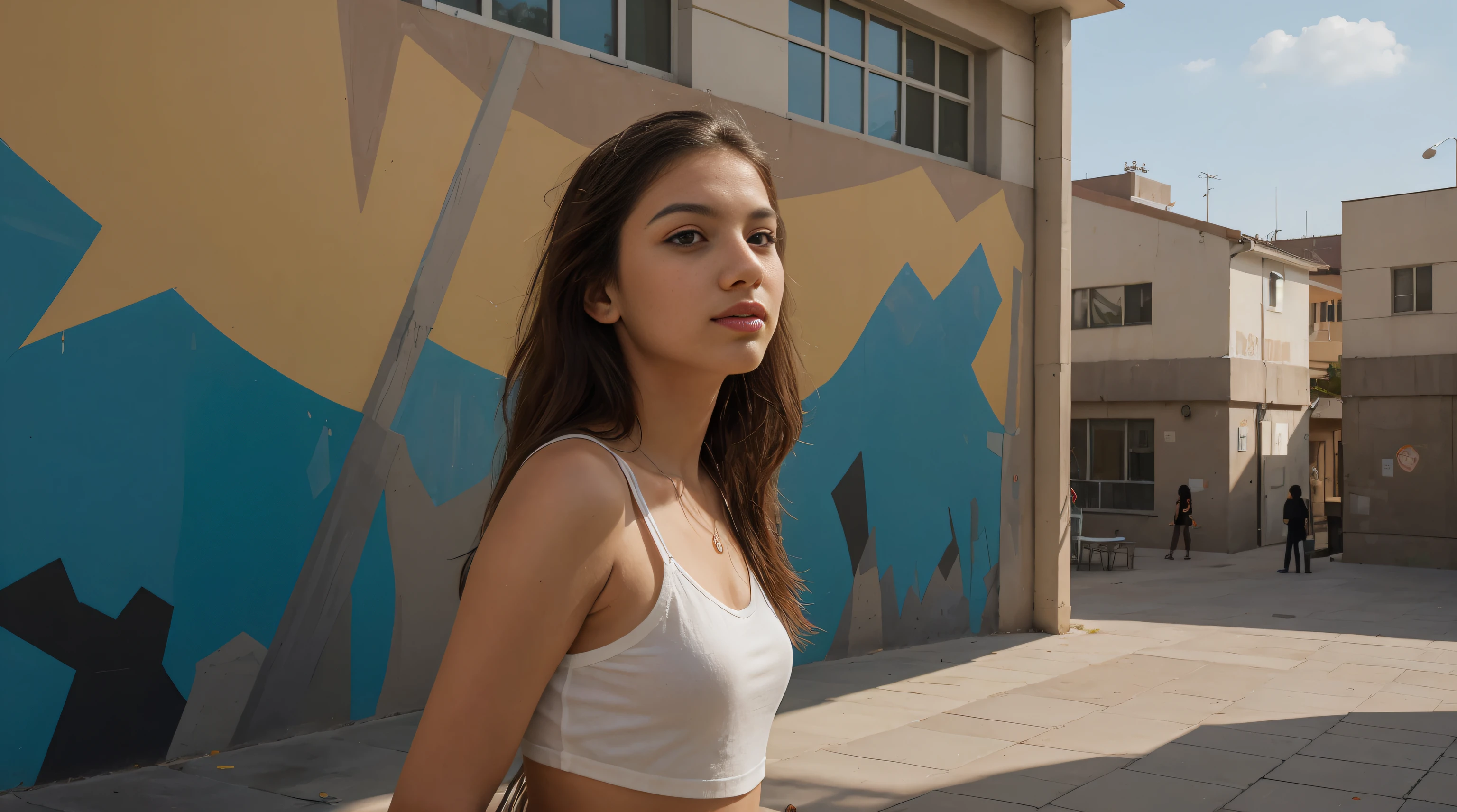 Realism, best quality, high quality, high details A 20-year-old Brazilian student leisurely traverses the vibrant university campus. Adorned in a spectrum of lively hues, her carefree hair sways as if echoing the kaleidoscope around her. The scene unfolds against a backdrop of creatively landscaped areas on the campus, each corner bursting with vivid colors and artistic elements. Murals of abstract and futuristic urban art adorn the walls, transforming the environment into a dynamic, visually stimulating masterpiece. As she engages in conversations, the lively atmosphere mirrors the kaleidoscopic blend of art, innovation, and learning that characterizes this uniquely creative academic setting