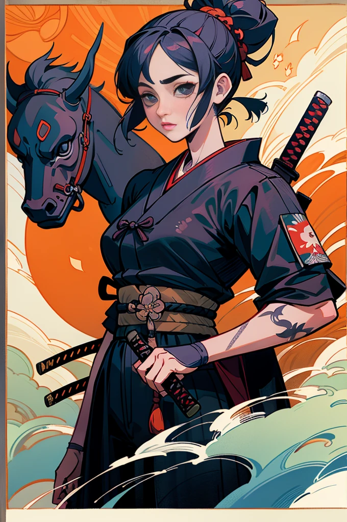 (master part, best quality), Papel de parede 8K, altamente detalhado, Ronin Feminino Sexy, Samurai, borda das flores da flor de cerejeira, Tatuagens japonesas,  Katana, Japan, Noite, luar, arte de estilo vetorial, Erotic, movie poster style, inscription.