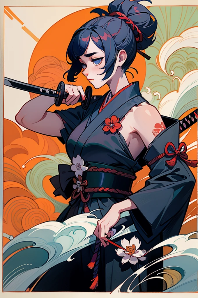 masterpiece,hyper quality, very detailed,perfect drawing,cg,3D,8K,figure,beautiful face girl,one beautiful girl, samurai costume, black hair, ponytail, big red ribbon, kimono, Belt sword, Tachi, Wakizashi, Double Point, Similarly, Japanese armor, Droopy eyes but cute, A dignified and cute expression, cute smile, Hand on the hilt of the sword, cute round butt, Look back with a smile, butt sticking out pose, スリーサイズ B90W60H95, Moonlight leaking through the clouds, ancient city, Remains, gradation sky,Beautiful girl in a loincloth Japanese outfit Lower body bare Rich breasts Back appearance Cute Well-formed face big Buttocks Looking back with a cute smile Three sizes B95W60H90 masterpiece,hyper quality, very detailed,perfect drawing,cg,3D,8K,figure