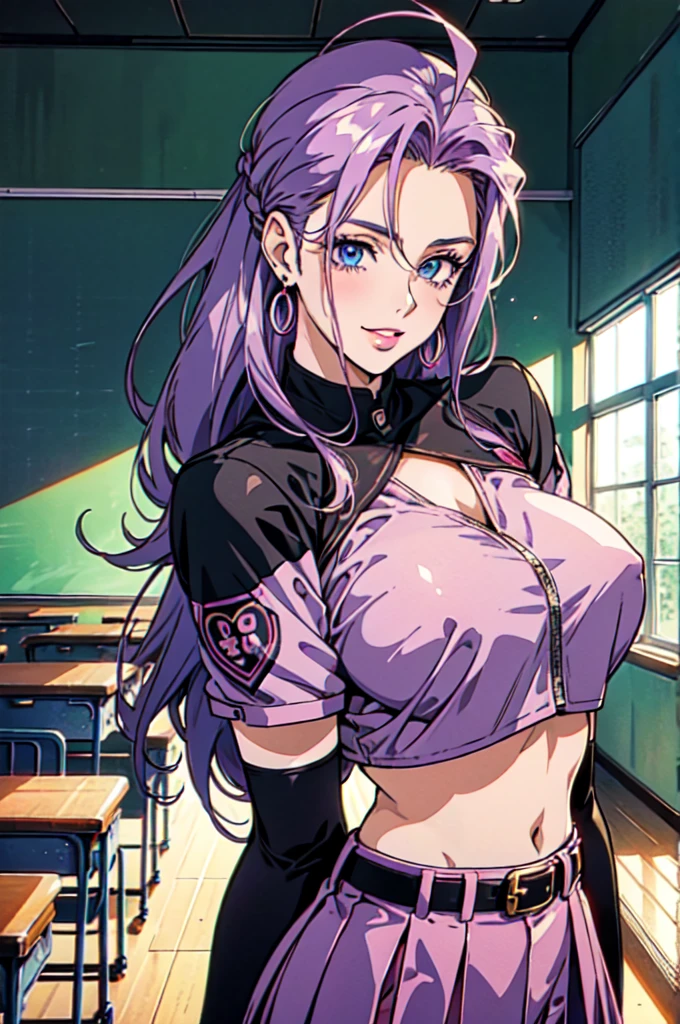 "(masterpiece:1.1), best quality, NSFW,
1girl, gyaru, (80s anime style:1.4),
(purple hair:1.1),
(hair slicked back:1.2), (long hair, drill hair:1.1),
blue eyes, (red lip stick:1.1),
(gigantic breasts:1.3),
(happy, smile:1.2),
(school uniform, skirt, midriff peek:1.1),
belts, fishnet tights, long gloves, earrings, ahoge,
standing, leaning forward,
upper body,
(daytime, classroom:1.2)"