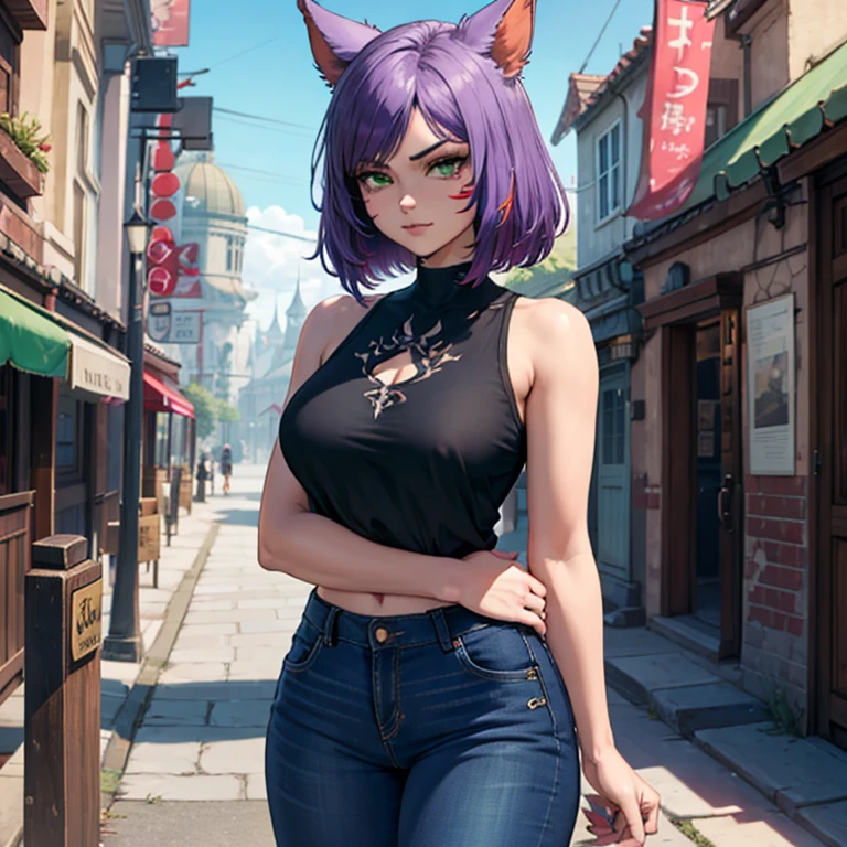 1 girl, Miqo'te Final Fantasy 14, wears black jeans, black top, Arms crossed, Dark Hair with Purple Streaks , Green eyes, Tail, black complexion, cat's tail; portrait, tribal mark, exterior scene,