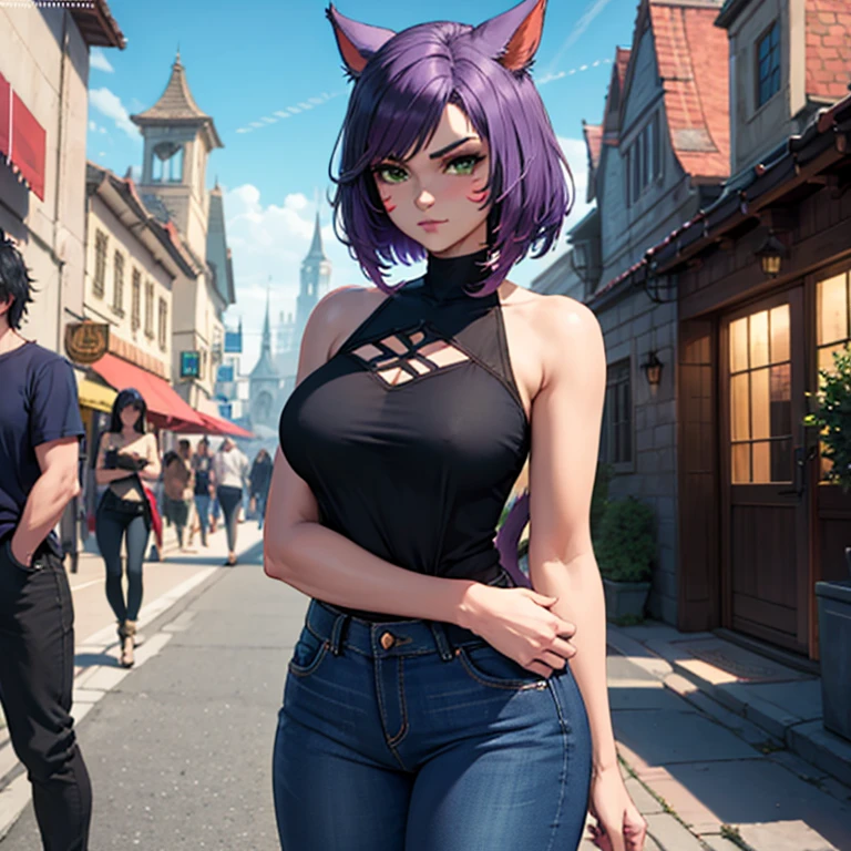 masterpiece, best quality, miria, cat ears, short hair, cleavage, purple shirt, sleeveless, sash, bracelet, purple pants, cat tail, cowboy shot, large breasts, looking at viewer, salute, smile, :D, fangs, village, autumn