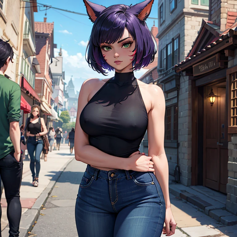1 girl, Miqo'te Final Fantasy , wears black jeans, black top, Arms crossed, Dark Hair with Purple Streaks , Green eyes, Tail, black complexion, cat's tail; portrait, tribal mark, exterior scene,