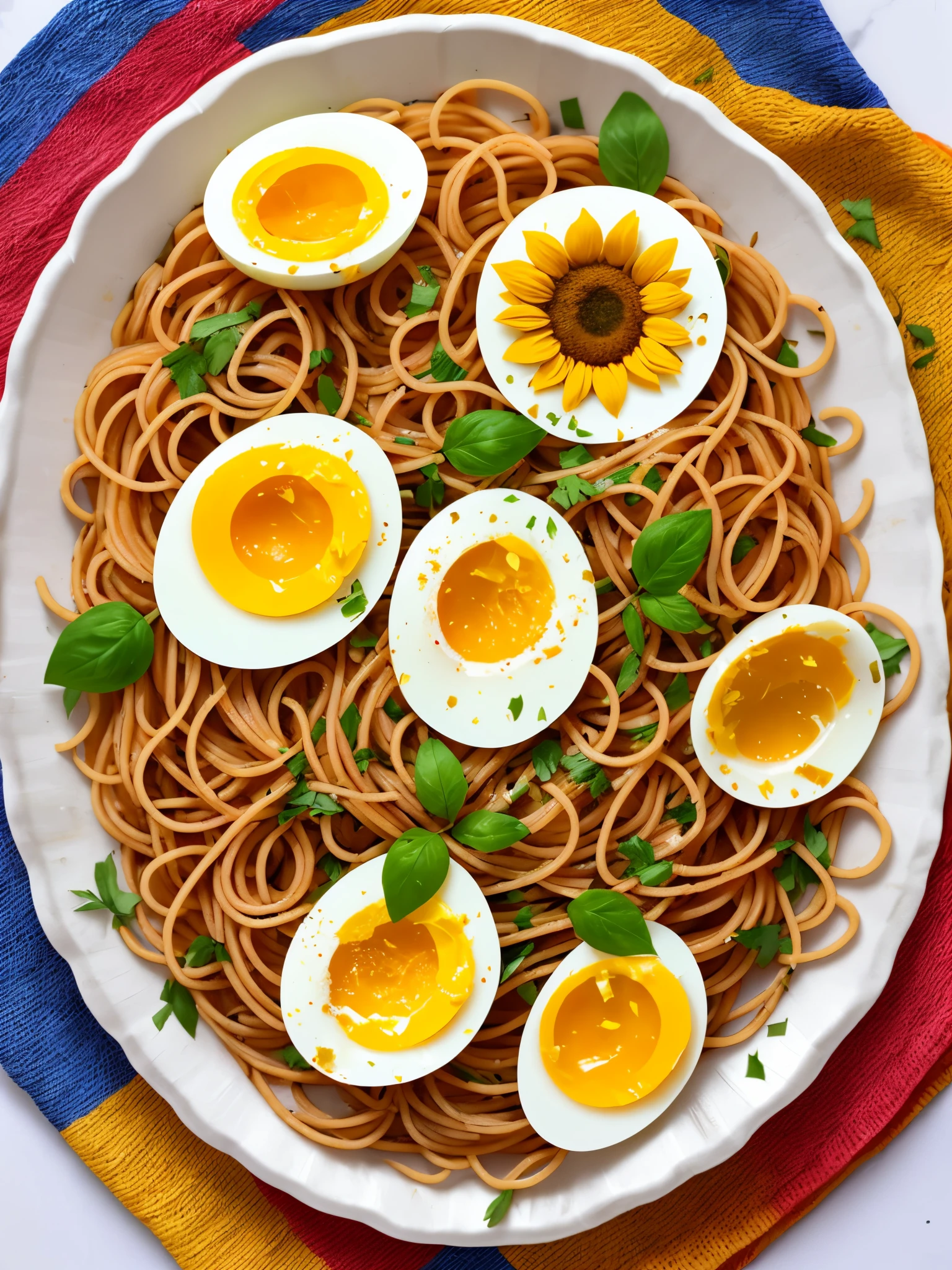 Haitian spaghetti with 2 boiled eggs cut in half on a paper plate w colorful sunflower design on it plastic folk sticking out of noddles