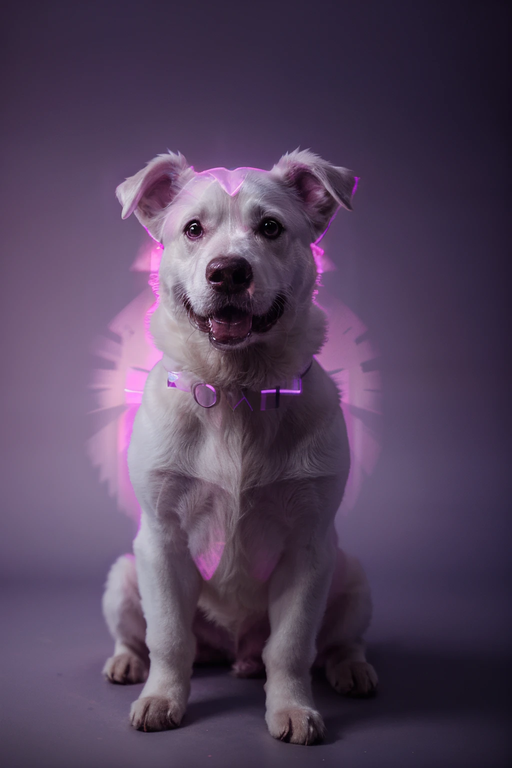 A ghost of a dog, a dog pink hologram texture, pink translucent spirit of a dog, spirit dog hologram, low opacity, conceptuaI art, ghostly form, pink fog around the spirit of the dog, glowing fog intricate ghosty dog, photorealistic, glowing spirit dogphotoreal, hyperrealism