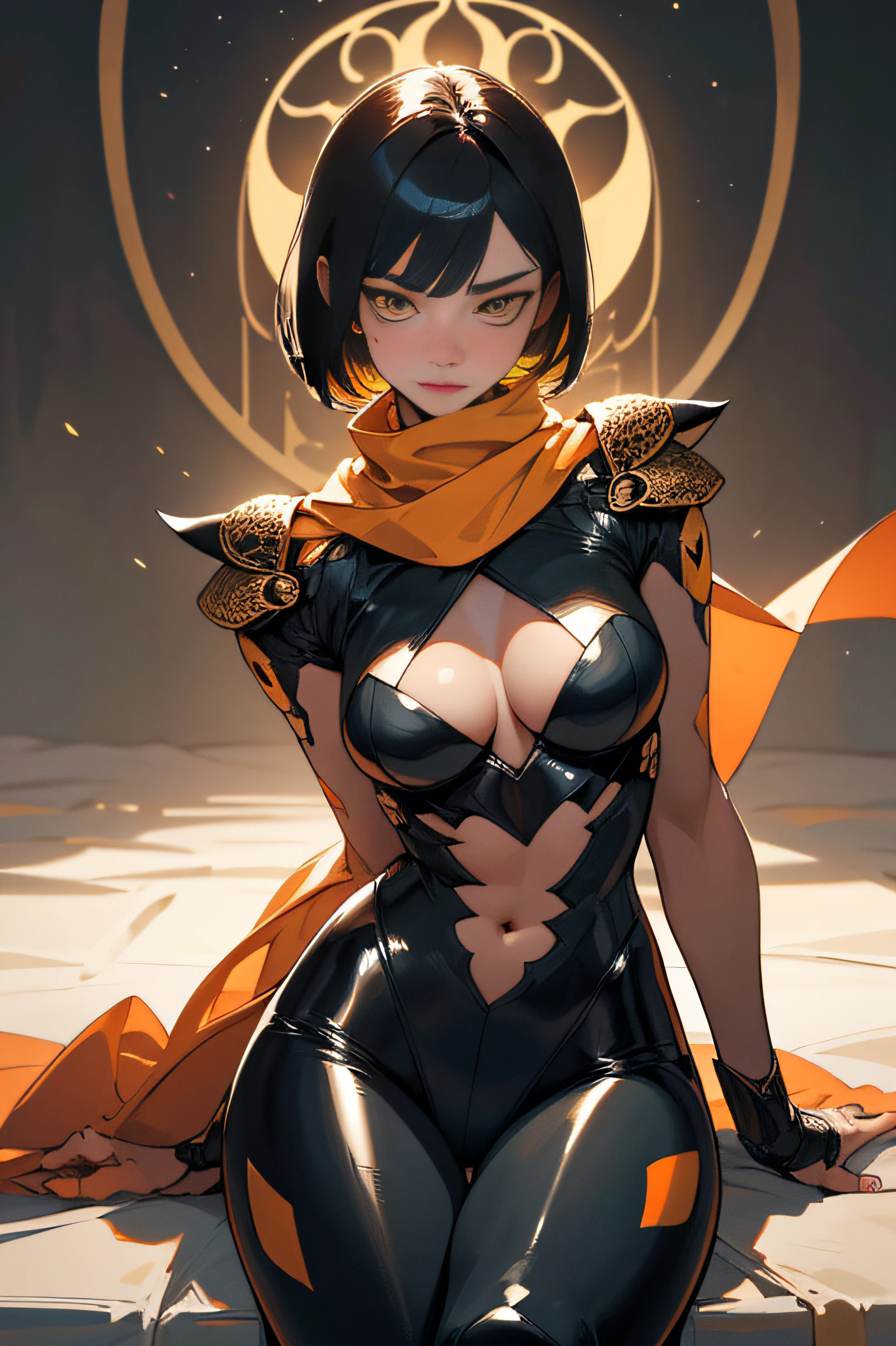 (Artwork of exceptional craftsmanship),(Detailed illustrations,(Art based on a very ideal anatomy),Very detailed and detailed drawing,Delicate lines with slow and rapid,(Realistic texture expression)),[Color tressed main line],[Shinjuku background at night],(HENTAI ANIME) (Japanese NINJA Girl (Beauty) 15yo student) petite and muscular [Slim & fit body], Short Bob Cut,([hornet] Orange Ninja Battle Armor) scarf [stall] ((Fitting rubber inner) [honeycomb] [edg]) hair adornments (Dull metallic luster:0.8),gravure [KUNOICHI],(Perfectly proportioned),(Fine and beautiful skin expression [realistic skin detail]),(Design built to the highest level,[Advanced structural understanding of materials],Ideal color coordination),(Intricate and beautiful decoration (Dense detail)),(More on shiny hair),[Perfect hand details],(Beautiful perfect face [Realistic face details]),[Clear gaze],[long and beautiful eyelashes], yellow eyes, yellow irises, [Perfect eye details (Eyes beautifully drawn down to the smallest detail)],(detaileds,high-detail),((Precision Detail),[multi-layer texture],HighQuality,hight resolution),[(Accurate simulation of light-material interactions),Understanding Airflow,Mechanically correct representation],[Visual art that conveys a sense of narrative] [Full body like], fit thighs, thigh gap,[[Desaturation]].w sitting