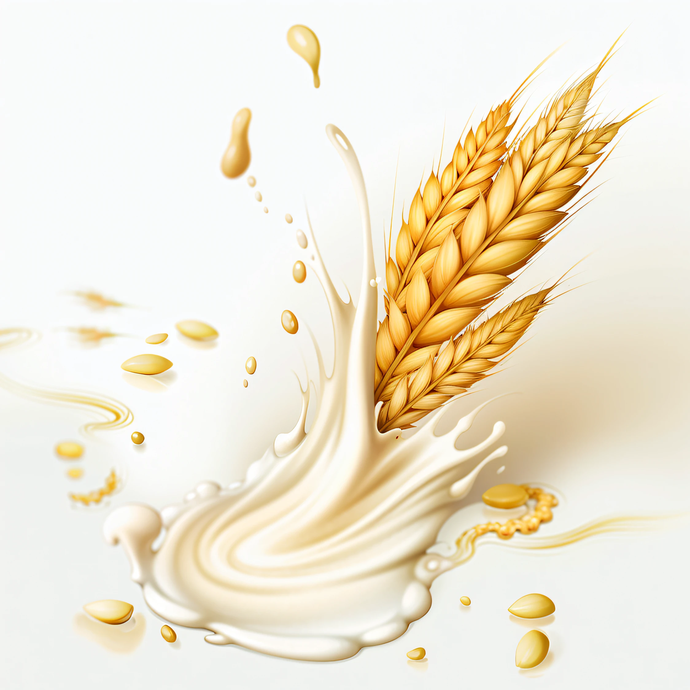 Araf milk and oatmeal splashes on white background, granola, flowing milk,  Super realistic food pictures, puddle of milk, Award-winning surrealism
