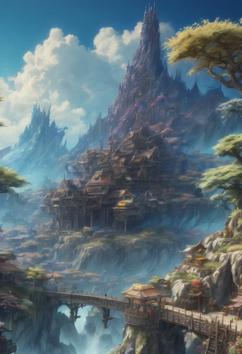 Arthur Rackham style. A mesmerizing fantasy landscape with enchanting elements blending seamlessly. ((Mt. Gagazet from final fantasy X)). (masterpiece), ((best quality)), extremely delicate and beautiful, illustration, 8K post-production, high resolution, hyperdetailed, depth of field, HDR, intricate