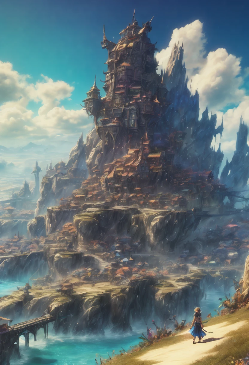 Arthur Rackham style. A mesmerizing fantasy landscape with enchanting elements blending seamlessly. ((Mt. Gagazet from final fantasy X)). (masterpiece), ((best quality)), extremely delicate and beautiful, illustration, 8K post-production, high resolution, hyperdetailed, depth of field, HDR, intricate