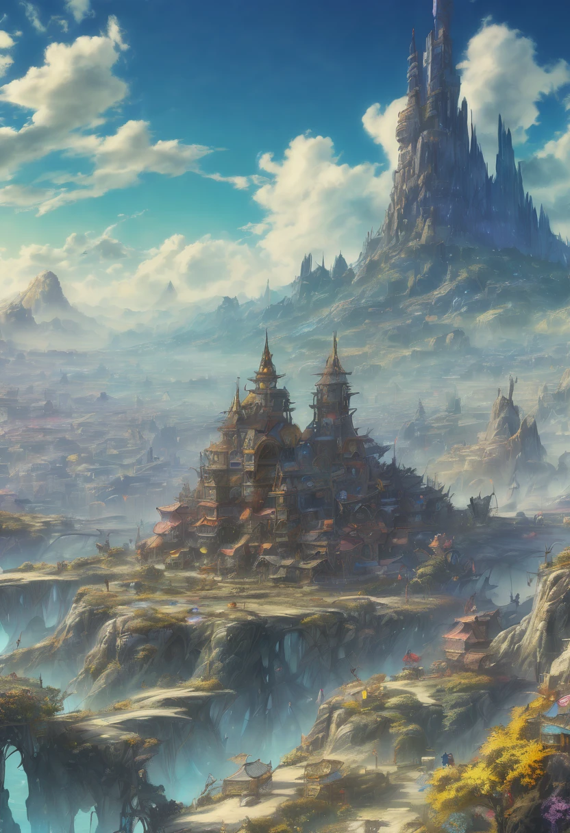 Arthur Rackham style. A mesmerizing fantasy landscape with enchanting elements blending seamlessly. ((Mt. Gagazet from final fantasy X)). (masterpiece), ((best quality)), extremely delicate and beautiful, illustration, 8K post-production, high resolution, hyperdetailed, depth of field, HDR, intricate