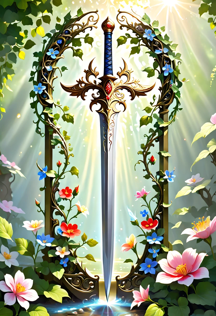 Alloy iron flower surrounding magic sword,Alloy vines surround the magic sword,The sword has an iron flower,Delicate metallic flowers sparkle in dappled sunlight, Like metallic flowers sparkling in the sun, Each petal is delicately and meticulously processed,And presented using exquisite gouache painting techniques, Every stroke captures its beauty and power, (((Complicated details:1.4))), (((Extremely crazy details:1.4))), (((high high quality:1.3))), ultimate artistic level, (((high high quality:1.3))), (((Radiosity presented in stunning 32k resolution beauty:1.3))),