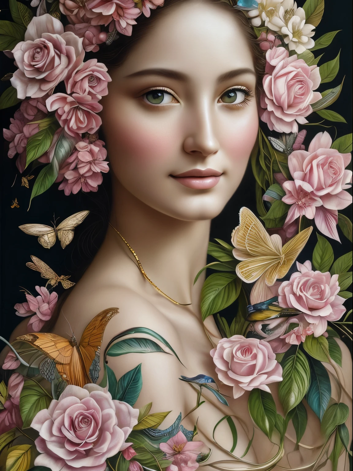 A botanical masterpiece in the style of Marco Mazzoni, detailed, hyper-realistic, elemets of symbolism and surrealism, intricate design, exotic and insanely beautiful woman, flowers, birds, diamonds, butterflies, pastel, golden details, looking at the viewer, looking straight to the camera, mysteriously smiling, ethereal